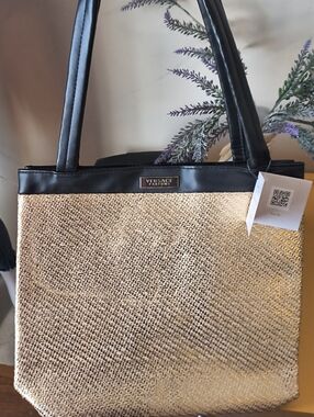 Versace Parfums Large Woven Straw Tote Black Leather Trim Shoulder Bag